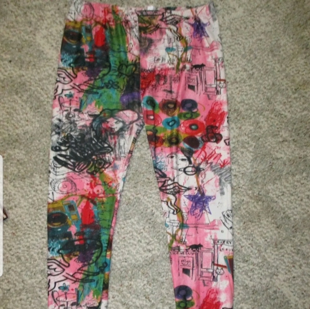 Pink Red Purple Green Heart Flower City Record Star Cat Print Stretch Legging 4X
